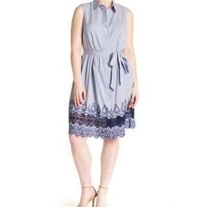 SHARAGANO Blue Stripe Collar Neck Sleeveless Crochet Scalloped Hem Dress